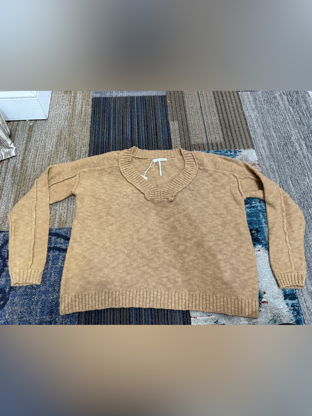 Stitch Drop- 2519039 pier Pressure Women's Camel Crewneck Sweater w/ Ribbed Trim